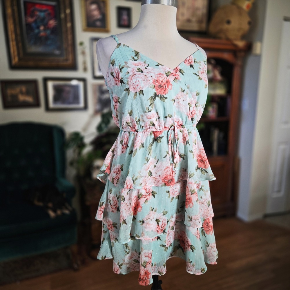 Trixxi Mint Floral‎ Ruffle Tiered Mini Dress Spaghetti Straps